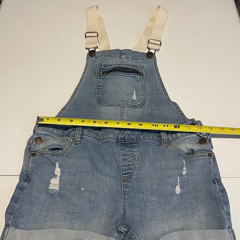 Distressed blue denim short jumpsuit with adjustable white straps, Size 16 - Picture 9 of 12
